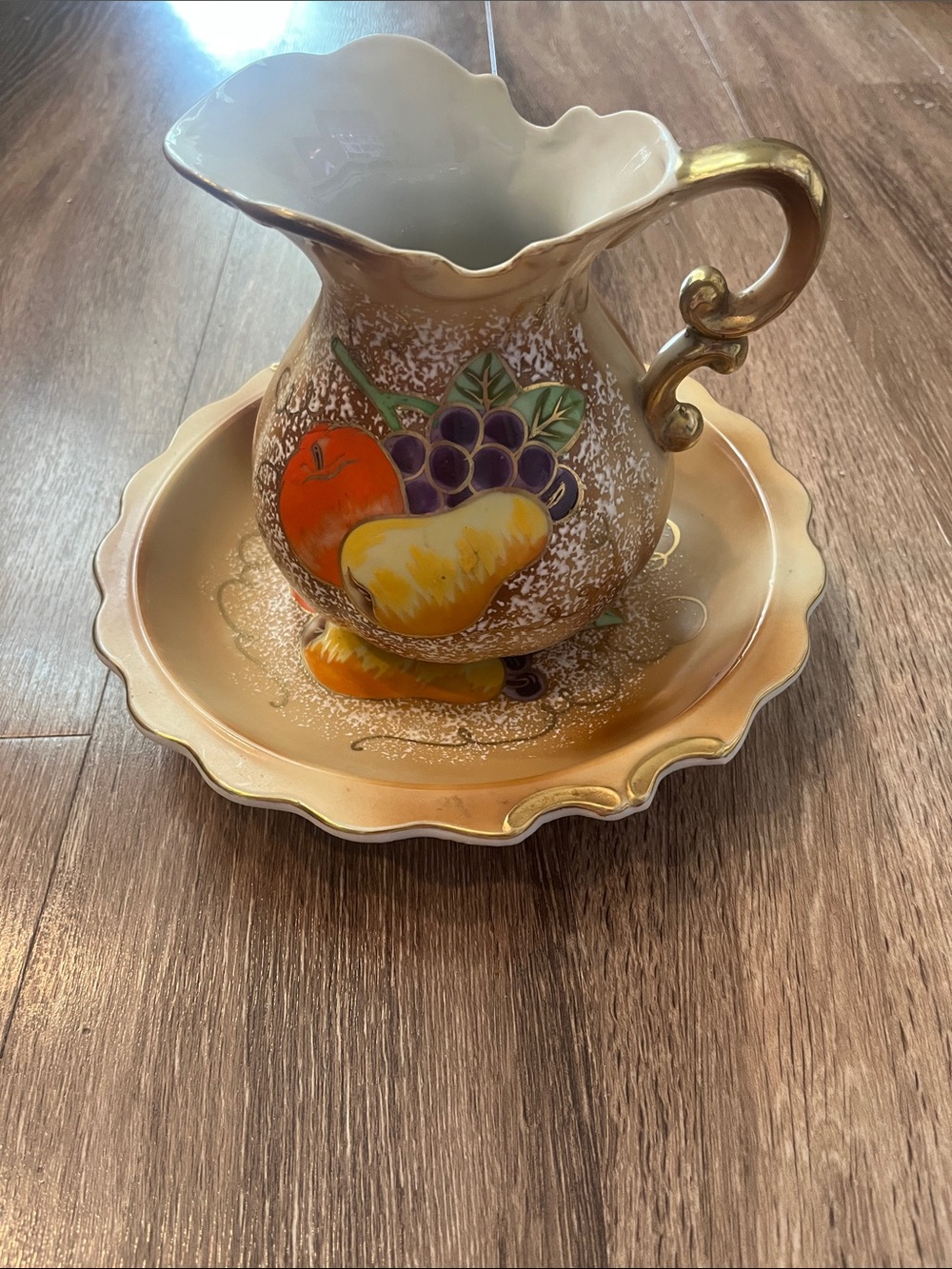 Vintage Ucagco Fruit Motif Pitcher and Basin Set - Peach & Gold Accents